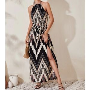 Boho gel print belted halter maxi dress